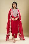 Buy_Prisho_Red Embroidery, Sequins Split V-neck Long Kurta Set _at_Aza_Fashions