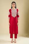 Buy_Prisho_Red Embroidery, Sequins Split V-neck Long Kurta Set _Online_at_Aza_Fashions