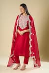 Shop_Prisho_Red Embroidery, Sequins Split V-neck Long Kurta Set _Online_at_Aza_Fashions