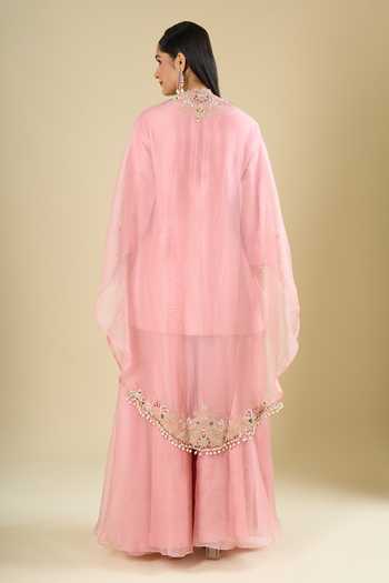Shop_Prisho_Pink Organza Embroidery, Sequins, Beads, Stones Round Neck, Cape And Kurta Set _at_Aza_Fashions