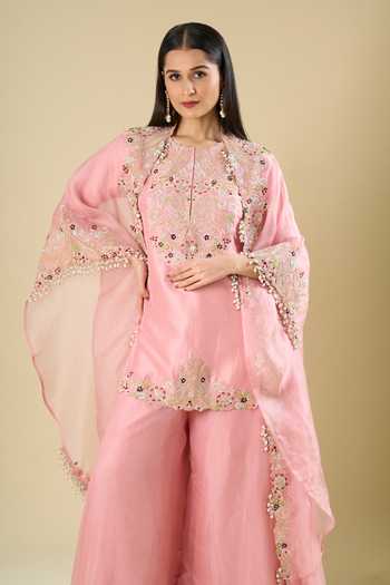 Prisho_Pink Organza Embroidery, Sequins, Beads, Stones Round Neck, Cape And Kurta Set _Online_at_Aza_Fashions