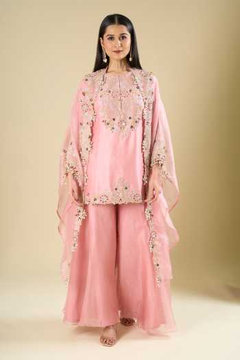 Prisho_Pink Organza Embroidery, Sequins, Beads, Stones Round Neck, Cape And Kurta Set _at_Aza_Fashions