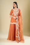 Prisho_Orange Embroidery, Sequins, Beads, Metallic Thread Round Rust Short Kurta Set _Online_at_Aza_Fashions