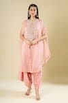 Buy_Prisho_Peach Beads, Sequins, Embroidery Round Neck Kaftaan And Pant Set _at_Aza_Fashions