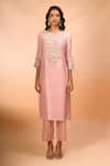 Shop_Prisho_Pink Embroidery, Zari, Sequins Round Neck Kurta Set _Online_at_Aza_Fashions