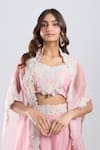 Prisho_Pink Embroidery, Beads, Sequins, Stones, Tassels Dark Flamingo Cape Skirt Set _Online_at_Aza_Fashions