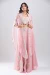 Buy_Prisho_Pink Embroidery, Beads, Sequins, Stones, Tassels Dark Flamingo Cape Skirt Set _at_Aza_Fashions