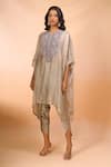 Prisho_Beige Chanderi Embroidery, Beads Round Neck Kaftan With Pant _Online_at_Aza_Fashions