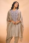 Prisho_Beige Chanderi Embroidery, Beads Round Neck Kaftan With Pant _at_Aza_Fashions