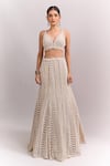 Seema Gujral_Beige Sequins, Stones, Embroidery, Beads, Tassels V-neck Mermaid Lehenga Set _at_Aza_Fashions