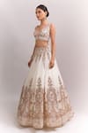 Seema Gujral_Ivory Organza Embroidery, Sequins, Zari V-neck Lehenga Set _Online_at_Aza_Fashions