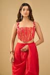 Archana Shah_Red Sequins Square Neck Ruffle Pre-draped Saree With Corset _Online_at_Aza_Fashions