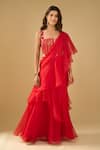 Shop_Archana Shah_Red Sequins Square Neck Ruffle Pre-draped Saree With Corset _Online_at_Aza_Fashions