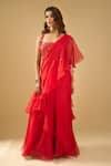 Archana Shah_Red Sequins Square Neck Ruffle Pre-draped Saree With Corset _at_Aza_Fashions