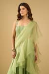 Archana Shah_Green Sequins Square Neck Ruffle Pre-draped Saree With Corset _Online_at_Aza_Fashions