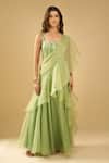 Buy_Archana Shah_Green Sequins Square Neck Ruffle Pre-draped Saree With Corset _at_Aza_Fashions