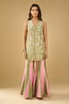 Archana Shah_Green Zari, Embroidery V-neck Kurta Bell Bottom Pant Set _Online_at_Aza_Fashions