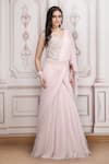 Mandira Wirk Resort_Pink Georgette Sequins, Beads, Embellished Pre-draped Saree With Blouse _at_Aza_Fashions