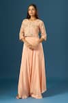 Samyukta Singhania_Peach Crepe, Organza, Silk Embroidery, Sequins, Hand Top With Flared Pant _Online_at_Aza_Fashions