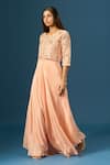 Buy_Samyukta Singhania_Peach Crepe, Organza, Silk Embroidery, Sequins, Hand Top With Flared Pant _Online_at_Aza_Fashions