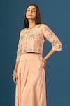 Samyukta Singhania_Peach Crepe, Organza, Silk Embroidery, Sequins, Hand Top With Flared Pant _at_Aza_Fashions
