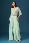 Buy_Samyukta Singhania_Blue Crepe, Organza Embroidery, Sequins, Stones Round Neck Top With Flared Pant _Online_at_Aza_Fashions