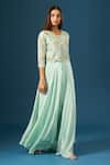 Shop_Samyukta Singhania_Blue Crepe, Organza Embroidery, Sequins, Stones Round Neck Top With Flared Pant _Online_at_Aza_Fashions