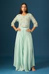 Buy_Samyukta Singhania_Blue Crepe, Organza Embroidery, Sequins, Stones Round Neck Top With Flared Pant _at_Aza_Fashions