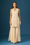 Shop Samyukta Singhania Beige Crepe, Silk, Organza Embroidery, Beads V-neck Hand Kurta Sharara Set Online at Aza Fashions Shop_Samyukta Singhania_Beige Crepe, Silk, Organza Embroidery, Beads V-neck Hand Kurta Sharara Set _Online_at_Aza_Fashions