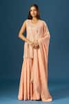 Buy_Samyukta Singhania_Peach Crepe, Silk, Organza Embroidery, Sequins, Beads, Hand Kurta Sharara Set _at_Aza_Fashions