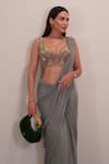 Neha Khullar_Green Chiffon, Crepe, Linen Solid Pre Draped Saree With Embroidered Blouse _at_Aza_Fashions