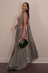 Buy_Neha Khullar_Green Chiffon, Crepe, Linen Solid Pre Draped Saree With Embroidered Blouse 