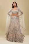 Buy_Azeera_Peach Net Embroidery, Sequins Square Neck Light Lehenga Set _at_Aza_Fashions