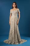 Azeera_Gold Sequins, Beads, Embroidery Sweetheart Neck Gown With Veil _Online_at_Aza_Fashions