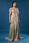 Azeera_Gold Sequins, Beads, Embroidery V-neck, Off-shoulder Tonal Gown _Online_at_Aza_Fashions
