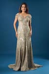 Buy_Azeera_Gold Sequins, Beads, Embroidery V-neck, Off-shoulder Tonal Gown _Online_at_Aza_Fashions
