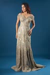 Buy_Azeera_Gold Sequins, Beads, Embroidery V-neck, Off-shoulder Tonal Gown _at_Aza_Fashions