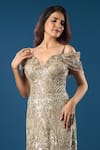 Azeera_Gold Sequins, Beads, Embroidery V-neck, Off-shoulder Tonal Gown _at_Aza_Fashions