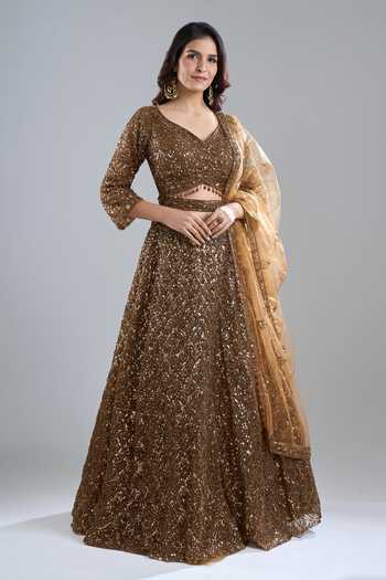 Buy_Azeera_Gold Net Sequins, Beads, Embroidery V-neck Tonal Lehenga Set_at_Aza_Fashions