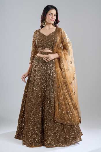 Buy_Azeera_Gold Net Sequins, Beads, Embroidery V-neck Tonal Lehenga Set_Online_at_Aza_Fashions