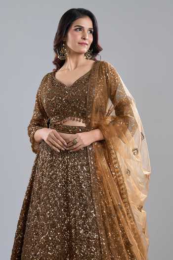 Shop_Azeera_Gold Net Sequins, Beads, Embroidery V-neck Tonal Lehenga Set_Online_at_Aza_Fashions