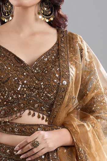 Azeera_Gold Net Sequins, Beads, Embroidery V-neck Tonal Lehenga Set_at_Aza_Fashions