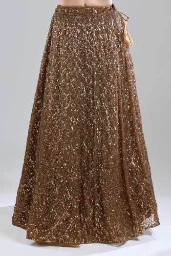 Buy_Azeera_Gold Net Sequins, Beads, Embroidery V-neck Tonal Lehenga Set