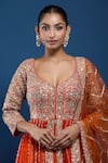 Samyukta Singhania_Orange Georgette Sequins, Embroidery, Mirrors V-neck Anarkali Lehenga Set _Online_at_Aza_Fashions