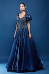 Samyukta Singhania_Blue Tissue Sequins, Stones, Fabric Embellished Gown With Ruffle Sleeves _Online_at_Aza_Fashions