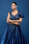 Buy_Samyukta Singhania_Blue Tissue Sequins, Stones, Fabric Embellished Gown With Ruffle Sleeves _Online_at_Aza_Fashions