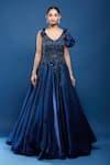 Shop_Samyukta Singhania_Blue Tissue Sequins, Stones, Fabric Embellished Gown With Ruffle Sleeves _Online_at_Aza_Fashions