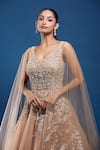 Samyukta Singhania_Gold Net Sequins, Stones, Embroidery V-neck Gown With Attached Cape _Online_at_Aza_Fashions
