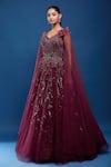Samyukta Singhania_Maroon Net Embroidery, Sequins, Stones Embellished Gown With Cape Sleeves _Online_at_Aza_Fashions