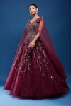 Buy_Samyukta Singhania_Maroon Net Embroidery, Sequins, Stones Embellished Gown With Cape Sleeves _Online_at_Aza_Fashions